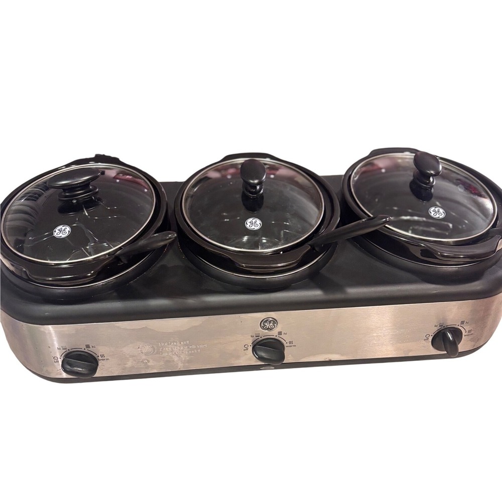 GE Triple Slow Cooker Buffet Server 3 Station 1.5 Qt Crocks Stainless Steel‎